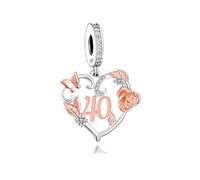 Pendentif en argent sterling 925 pour 40e anniversaire Motif cœur Rose Fleur Papillon Doré Compatible avec les bracelets à breloques Pandora Moments