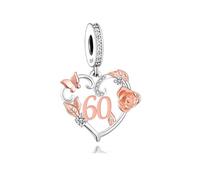 Pendentif en argent sterling 925 pour 60e anniversaire Motif cœur Rose Fleur Papillon Doré Compatible avec les bracelets à breloques Pandora Moments