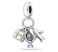 Pendentif en argent sterling 925 pour bagage, valise, sac, avion, globe mondial, voyage, vacances, compatible avec bracelet à breloques Pandora