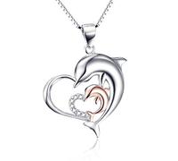 Pendentif en argent sterling monté sur chaîne composé de 2 dauphins formant un cœur