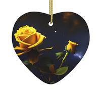 Pendentif en forme de cœur d'arbre de Noël avec roses jaunes et nuit étoilée, pendentif en céramique de Noël, pendentif de décoration de Noël, fête de vacances