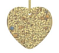 Pendentif en forme de cœur de Noël en céramique avec motif labyrinthe au trésor, disponible avec fil de soie