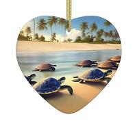 Pendentif en forme de cœur de Noël en céramique Motif tortues sur la plage