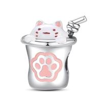 Pendentif en forme de cœur en argent sterling 925 avec inscription « Bubble Tea Coffee Drink » et patte de chaton compatible avec les bracelets à breloques Pandora