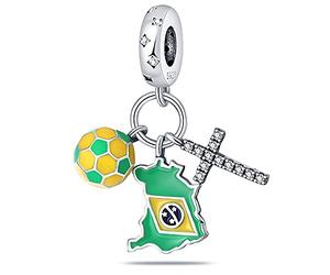 Pendentif en forme de cœur en argent sterling 925 compatible avec les bracelets à breloques Pandora Moments (Brésil Brésil Football Football Cross I Love You)