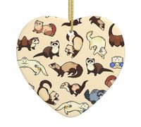 Pendentif en forme de cœur en céramique avec motif furet poilu - Décoration de sapin de Noël avec corde dorée