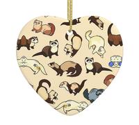 Pendentif en forme de cœur en céramique avec motif furet poilu - Décoration de sapin de Noël avec corde dorée