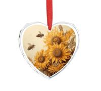 Pendentif en forme de cœur en cristal transparent avec abeilles et tournesols sur vieux papier transparent - Décoration romantique à suspendre pour la maison, la fenêtre, la voiture, la fête de