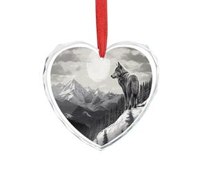 Pendentif en forme de cœur en cristal transparent avec motif loup solitaire et montagne enneigée - Décoration romantique à suspendre - Cadeau pour maison, fenêtre, voiture, fête de mariage