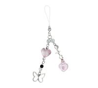 Pendentif en forme de cœur papillon pour téléphone - Corde à suspendre - Chaîne de téléphone - Lanière de sac à main - Accessoire de porte-clés en forme de cœur - Papillon - Perles - Dragonne pour