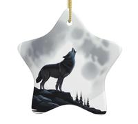 Pendentif en forme d'étoile à suspendre en céramique Motif WHJSSF loup hurlant sous le clair de lune Trous soigneusement percés Corde en métal