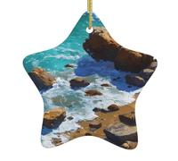 Pendentif en forme d'étoile à suspendre en forme d'arbre de Noël en céramique Motif récifs et vagues au bord de la mer 7,9 x 7,9 cm