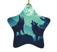 Pendentif en forme d'étoile de Noël en céramique à suspendre Motif loup hurlant à la pleine lune Trous soigneusement percés Corde en métal