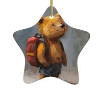 Pendentif en forme d'étoile en céramique à suspendre en forme d'arbre de Noël Xbkgoha Le Petit Ours Voyageant autour du Monde - Conçu spécifiquement pour les vacances - 7,9 x 7,9 cm
