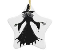 Pendentif en forme d'étoile en céramique à suspendre en forme de sapin de Noël avec motif sorcière magique avec trous soigneusement percés et corde en métal