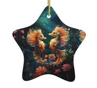 Pendentif en forme d'étoile en céramique à suspendre pour sapin de Noël - Beau couple d'hippocampes - Conçu spécifiquement pour les vacances - 7,9 x 7,9 cm