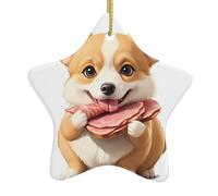 Pendentif en forme d'étoile en céramique à suspendre pour sapin de Noël WHJSHOP Little Corgi is Eating Jambon Impression facile à accrocher sur les arbres, les portes et les fenêtres