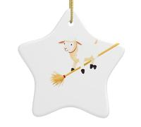 Pendentif en forme d'étoile en céramique à suspendre pour sapin de Noël WHJSSF agneau chevauchant un balai avec cordon en fil doré facile à suspendre