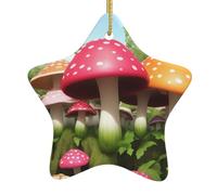 Pendentif en forme d'étoile en céramique à suspendre pour sapin de Noël - WHJSSF aux couleurs vives - Imprimé champignons - Avec cordon en fil doré - Facile à suspendre
