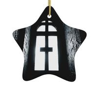 Pendentif en forme d'étoile en céramique à suspendre pour sapin de Noël WHJSSF église croix avec cordon en fil doré facile à suspendre