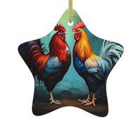 Pendentif en forme d'étoile en céramique à suspendre pour sapin de Noël WHJSSF mignon coq poules imprimés avec cordon métallique doré facile à suspendre