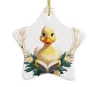 Pendentif en forme d'étoile en céramique à suspendre pour sapin de Noël WHJSSF Petit canard lisant un livre dans une couronne Imprimés avec cordon métallique doré Facile à suspendre