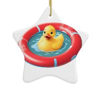 Pendentif en forme d'étoile en céramique à suspendre pour sapin de Noël WHJSSF Petit canard sur l'anneau de natation Imprimé avec cordon métallique doré Facile à suspendre