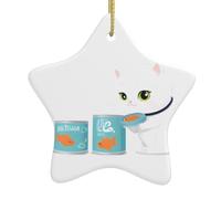 Pendentif en forme d'étoile en céramique à suspendre pour sapin de Noël WHJSSF Petit chat blanc tenant un poisson en conserve - Facile à accrocher sur les arbres, les portes et les fenêtres
