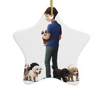 Pendentif en forme d'étoile en céramique à suspendre pour sapin de Noël WHJSSF Petit garçon menant un groupe de chiots Imprimés avec cordon métallique doré Facile à suspendre