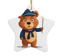 Pendentif en forme d'étoile en céramique à suspendre pour sapin de Noël WHJSSF Petit ours à la recherche de directions Impression avec cordon métallique doré Facile à suspendre