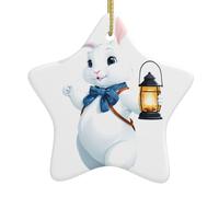 Pendentif en forme d'étoile en céramique à suspendre pour sapin de Noël YYHWHJDE Petit lapin blanc tenant une lanterne Imprime Facile à accrocher sur les arbres, les portes et les fenêtres