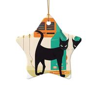 Pendentif en forme d'étoile en céramique avec motif chat moderne du milieu du siècle - Ornements en porcelaine faits à la main - Chaîne dorée pour décoration de Noël