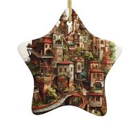 Pendentif en forme d'étoile en céramique pour sapin de Noël - Motif château de rêve - Trous soigneusement percés - Corde en métal