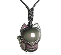 Pendentif en jade, talisman, pendentif collier, bijoux pendentif renard avec chaîne collier naturel arc-en-ciel yeux pierre obsidienne amulette tour de cou collier porte-bonheur pendentif for femme/ho