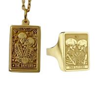 pendentif et bague chevalière « Carte de Tarot des Amoureux »|LK_PCOM_0481 | Pendentif en argent sterling dimensions 22 x 32 mm, orné d'une breloque tête de mort plaquée or. Ensemble de .