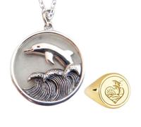 pendentif et bague chevalière dauphin et vague océanique|LK_PCOM_0473 | Pendentif en argent sterling 925, 24 mm, plaqué argent et or, breloque amour, ensemble de bijoux symboliques