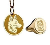 pendentif et bague chevalière représentant un renard rusé|LK_PCOM_0386 | Pendentif en argent sterling 925, 24 mm, plaqué or, avec breloque animal folle. Ensemble de bijoux symboliques.