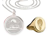 pendentif et bague chevalière « Voyageur des contrées sauvages »|0206 | Pendentif en argent sterling 925, 24 mm, plaqué argent et or, breloque camping-car aventurier, ensemble de bijoux symboliques