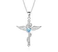 Pendentif Femme en Argent S925 avec Zircon Bleu - Collier Femme avec Bâton d'Asclépios, Pendentif Croix d'Ange plaqué Or Blanc, Inclus Chaîne en Argent 925