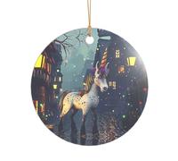 Pendentif licorne de Noël avec cordon doré incassable à suspendre pour arbre, cadeau de forme ronde