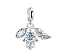 Pendentif main de fatima à plumes, perles de charme en argent sterling 925, compatible avec le collier bracelet pandora