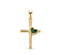 Pendentif - Médaille Croix Or 18 Carats 750 Jaune - Coeur Malachite - Chaine Offerte