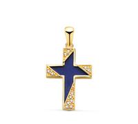 Pendentif - Médaille Croix Or 18 Carats 750 Jaune - Lapis Lazuli et Zirconiums - Chaine Offerte