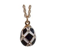 Pendentif Oeuf Style Fabergé Damier Noir et Blanc avec Cristaux et chaîne Plaqué Or