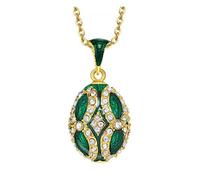 Pendentif Oeuf Style Fabergé Plaquage Or, Email, 92 Cristaux Anneaux de Cristaux Vert et sa Chaîne