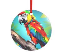 Pendentif perroquet sur arbre en acrylique avec un ruban rouge. Chaque pendentif est perforé avec un ruban rouge de 25 cm