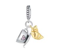 Pendentif petit-déjeuner café et croissant, accessoire de bracelet à breloques en argent sterling 925, compatible avec le collier bracelet pandora, cadeau pour femme