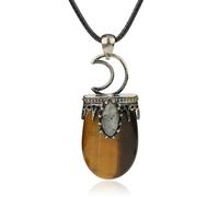 Pendentif Pierre Naturelle,Collier En Cristal Naturel Pour Femmes Et Hommes,Collier En Pierre D'Œil De Tigre,Collier Pendentif Ovale En Forme De Lune,Chaîne En Cuir Noir,Bijoux En Pierres Précieu