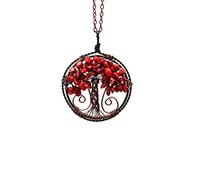 Pendentif Pierre Naturelle Femme, Avec Chaîne Arbre De Vie Rustique Forme Ronde Cristal De Corail Rouge Pendentif Reiki Chakra Collier Charme Bijoux Pour Femmes Fille Femme Ami Cadeau D'Anniversaire
