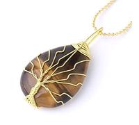 Pendentif Pierre Naturelle,Oeil De Tigre Pierre Collier en Cristal Naturel Goutte d'or Fil Wrap Arbre De Vie Pendentif Collier Cristal Reiki Quartz Amulette Pierres Précieuses Pendentif Bijoux Cade